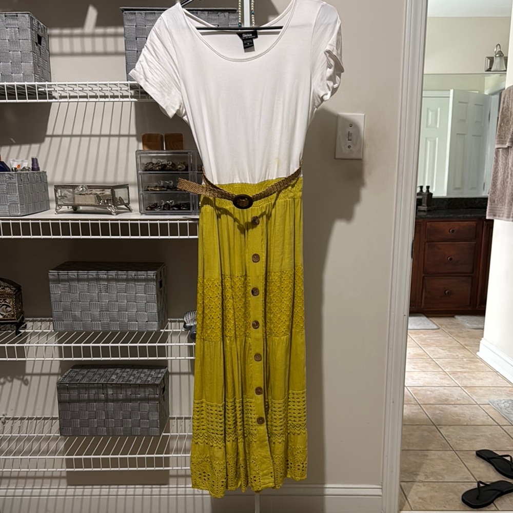White and Yellow Button-Down Dress with Belt